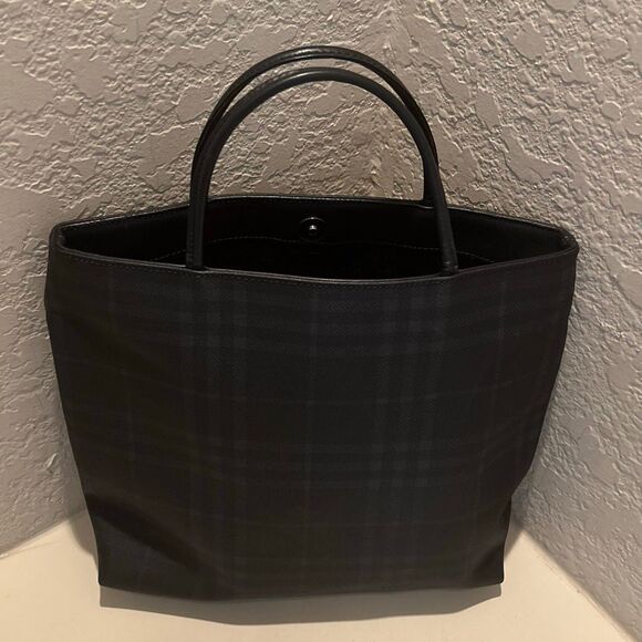 Burberry Tote Bag Blue Nova Check Plaid Coated Canvas Equestrian Old Money Prep - Picture 4 of 13